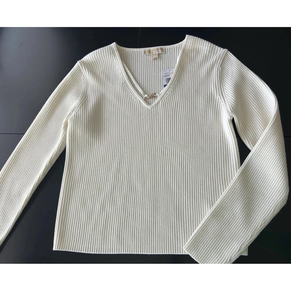 NWT Michael Kors Sweater For Large Cream Beige Ribbed with MK logo $125 Fits L